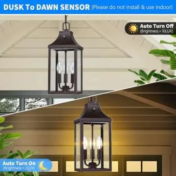 15.5'' Outdoor Pendant Light with Dusk to Dawn Sensor - Elegant & Adjustable