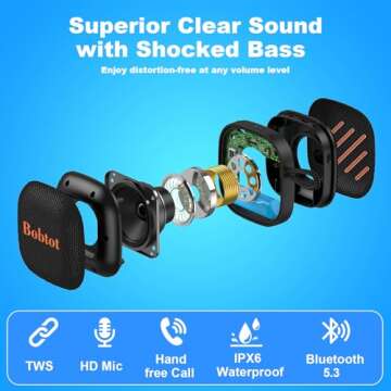 Bobtot Portable Bluetooth Speakers Wireless - IPX7 Waterproof Mini Shower Speaker with 10W Peak Loud...