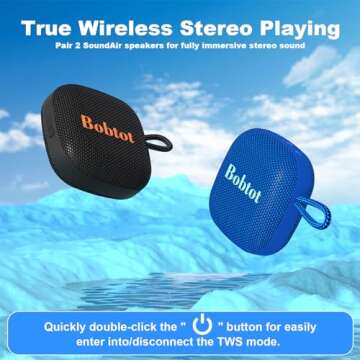 Bobtot Portable Bluetooth Speakers Wireless - IPX7 Waterproof Mini Shower Speaker with 10W Peak Loud Stereo Sound, 16 Hours Playtime, Rich Bass, TWS, Built-in Mic, Small Size for Travel Sport, Black