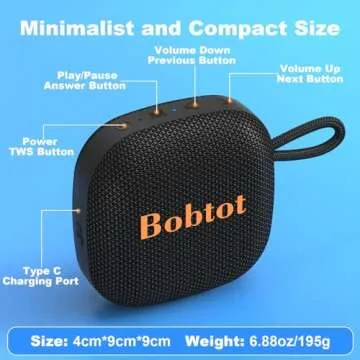 Bobtot Portable Bluetooth Speakers Wireless - IPX7 Waterproof Mini Shower Speaker with 10W Peak Loud Stereo Sound, 16 Hours Playtime, Rich Bass, TWS, Built-in Mic, Small Size for Travel Sport, Black