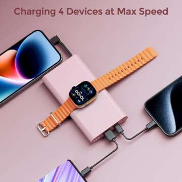 Portable Charger with Built in Cable for iPhone 14/13/12/Pro/Max/Plus, 10000mAh Fast Charging Power Bank USB-C Back Up Battery Pack Compatible with iPhone & Apple Watch(iWatch Charger 3 in 1)(Pink)