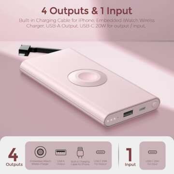 Portable Charger with Built in Cable for iPhone 14/13/12/Pro/Max/Plus, 10000mAh Fast Charging Power Bank USB-C Back Up Battery Pack Compatible with iPhone & Apple Watch(iWatch Charger 3 in 1)(Pink)