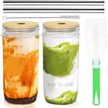 COLOROUND 2 Pack Mason Jar Smoothie Cups with Straws