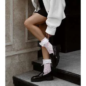 Womens White Lace Ruffle Fishnet Socks Bow Trim Frilly Mesh Anklet Socks Girls Fancy Pretty Dress Socks Ladies Sexy Elegant Tulle Socks Cute Princess Lolita Socks Cosplay Party Socks, White Ruffle Bow