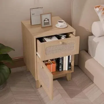 Modern Wicker Rattan Nightstand,Rattan Stand with Drawer and Storage Space, Wooden Side End Table for Small Spaces, Natural Wood BedsideTable for Bedroom,Easy Assembly (no Charging Station, 1)