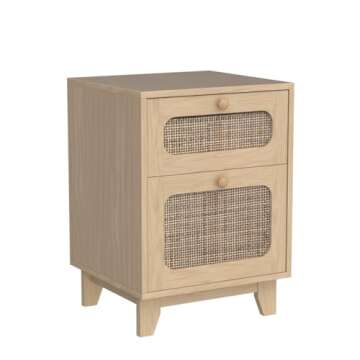 Modern Wicker Rattan Nightstand,Rattan Stand with Drawer and Storage Space, Wooden Side End Table for Small Spaces, Natural Wood BedsideTable for Bedroom,Easy Assembly (no Charging Station, 1)