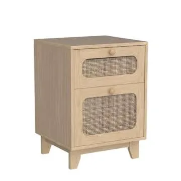 Modern Wicker Rattan Nightstand,Rattan Stand with Drawer and Storage Space, Wooden Side End Table for Small Spaces, Natural Wood BedsideTable for Bedroom,Easy Assembly (no Charging Station, 1)