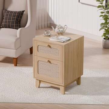 Modern Wicker Rattan Nightstand,Rattan Stand with Drawer and Storage Space, Wooden Side End Table for Small Spaces, Natural Wood BedsideTable for Bedroom,Easy Assembly (no Charging Station, 1)