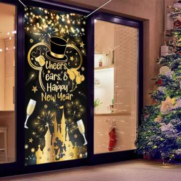 Happy New Year Decorations 2025 New Years Door Cover 2025 Cheers Ears New Year Banner for New Years Eve Party Supplies 2025 | New Years Backdrop