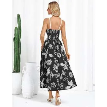 GRACE KARIN Women's 2025 Summer Casual Floral Boho Dress Spaghetti Strap Flowy Beach Maxi Dresses Black S