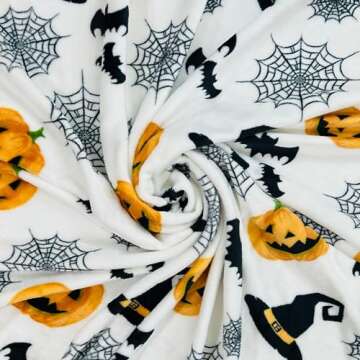Halloween Fleece Throw Blanket: Spider Webs Witch's Hat Black Bats and Decorated Pumpkins Print on S...