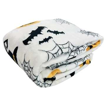Halloween Fleece Throw Blanket: Spider Webs Witch's Hat Black Bats and Decorated Pumpkins Print on Soft Warm Flannel