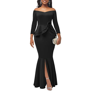 Black Elegant Off Shoulder Bodycon Mermaid Maxi Dresses for Women Formal Wedding Long Sleeve Split E...