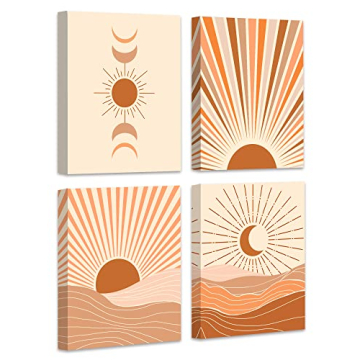 Drsoum Boho Room Decor Sun Moon Canvas Wall Art Abstract Bohemian Framed Wall Decor Set of 4, 8x10in