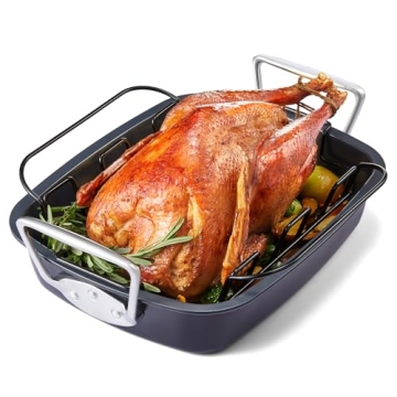 HONGBAKE 18.7" Nonstick Turkey Roasting Pan & Rack - Heavy Duty & Non Toxic