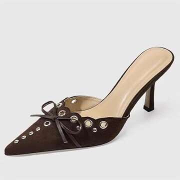 keleimusi Mid Heel Slip On Pumps Studded Bow Heeled Sandals for Women