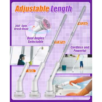 Electric Spin Scrubber, Cordless Cleaning Brush 6 Replaceable Brush Heads, 2H Power Dual Speed, Shower Scrubber with IPX7 Waterproof Extension Handle for Bathroom Tub Tile Floor Car
