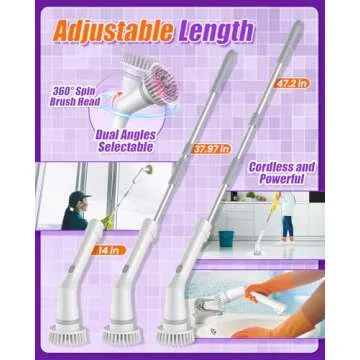 Electric Spin Scrubber, Cordless Cleaning Brush 6 Replaceable Brush Heads, 2H Power Dual Speed, Shower Scrubber with IPX7 Waterproof Extension Handle for Bathroom Tub Tile Floor Car