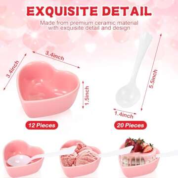 Suclain 12 Pcs Valentine's Day Heart Shaped Ceramic Bowls Mini Heart Sauce Dish Bowl Pudding Bowl Microwave Oven Safe Cake Bowls with 20 Plastic Spoon for Valentine's Day Party Supplies(Pink)