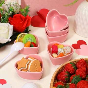 Suclain 12 Pcs Valentine's Day Heart Shaped Ceramic Bowls Mini Heart Sauce Dish Bowl Pudding Bowl Microwave Oven Safe Cake Bowls with 20 Plastic Spoon for Valentine's Day Party Supplies(Pink)