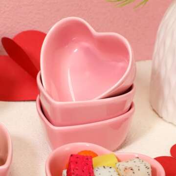 Suclain 12 Pcs Valentine's Day Heart Shaped Ceramic Bowls Mini Heart Sauce Dish Bowl Pudding Bowl Microwave Oven Safe Cake Bowls with 20 Plastic Spoon for Valentine's Day Party Supplies(Pink)