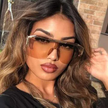 AIEYEZO Square Oversized Sunglasses Flat Top Shield Sun Glasses for Men Women One Lens Square Shades (Clear Brown)