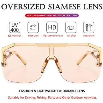 AIEYEZO Square Oversized Sunglasses Flat Top Shield Sun Glasses for Men Women One Lens Square Shades (Clear Brown)