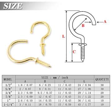 120Pcs 6 Sizes Metal Screw-in Ceiling Hooks Cup Hooks Kit, Gold Ceiling Cup Hooks Self-Tapping Screw...