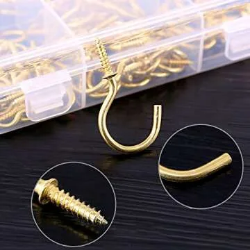 120Pcs 6 Sizes Metal Screw-in Ceiling Hooks Cup Hooks Kit, Gold Ceiling Cup Hooks Self-Tapping Screws Hooks for Home/Workplace/Office (Q-Screw)