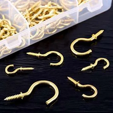 120Pcs 6 Sizes Metal Screw-in Ceiling Hooks Cup Hooks Kit, Gold Ceiling Cup Hooks Self-Tapping Screws Hooks for Home/Workplace/Office (Q-Screw)
