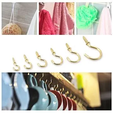 120Pcs 6 Sizes Metal Screw-in Ceiling Hooks Cup Hooks Kit, Gold Ceiling Cup Hooks Self-Tapping Screws Hooks for Home/Workplace/Office (Q-Screw)