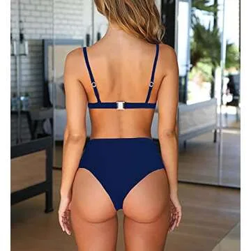 BTFBM Women's Bikini Sets 2023 Summer Two Piece Swimsuit High Waisted V Neck Triangle Bathing Suit Casual Beach Swimwear(Solid Navy, Small)