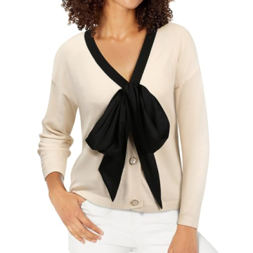 Women Black Bow Sweater Cardigan Tie Front Preppy Cropped Color Block Knit Long Sleeves V Neck Color...