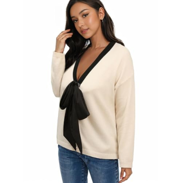 Women Black Bow Sweater Cardigan Tie Front Preppy Cropped Color Block Knit Long Sleeves V Neck Colorblocked Cardigans