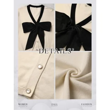 Women Black Bow Sweater Cardigan Tie Front Preppy Cropped Color Block Knit Long Sleeves V Neck Colorblocked Cardigans