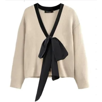 Women Black Bow Sweater Cardigan Tie Front Preppy Cropped Color Block Knit Long Sleeves V Neck Colorblocked Cardigans