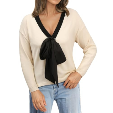 Women Black Bow Sweater Cardigan Tie Front Preppy Cropped Color Block Knit Long Sleeves V Neck Colorblocked Cardigans