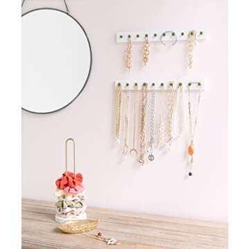 Mkono Necklace Holder Wall Mounted Set of 2 Rustic Wood Necklaces Hanger, Jewelry Organizer Hanging with 20 Metal Round Hooks, Jewelry Hooks for Necklaces, Bracelets, Chains, Keys,White