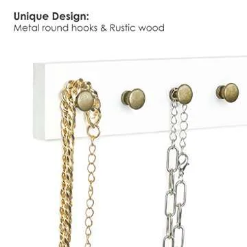 Mkono Necklace Holder Wall Mounted Set of 2 Rustic Wood Necklaces Hanger, Jewelry Organizer Hanging with 20 Metal Round Hooks, Jewelry Hooks for Necklaces, Bracelets, Chains, Keys,White