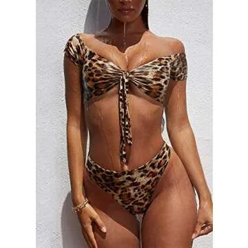 PRETTYGARDEN Women's Two Pieces Leopard Print Knot Front Crop Off-Shoulder High Cut Bandeau Bikini Sets Bathing Suit (Yellow,Large)