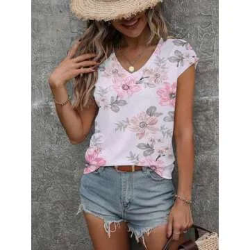 Zeagoo Women's Summer Cute Cap Sleeve V Neck Hollow Out Loose Casual Dressy Shirt Tunic Tops Blouse Flower Printed Tops