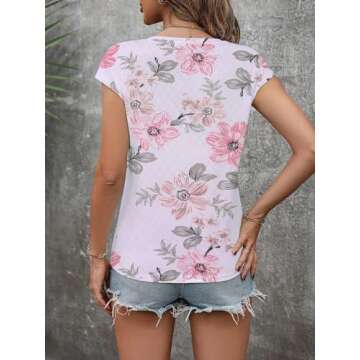 Zeagoo Women's Summer Cute Cap Sleeve V Neck Hollow Out Loose Casual Dressy Shirt Tunic Tops Blouse Flower Printed Tops