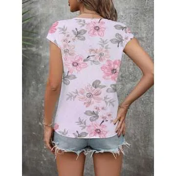 Zeagoo Women's Summer Cute Cap Sleeve V Neck Hollow Out Loose Casual Dressy Shirt Tunic Tops Blouse Flower Printed Tops