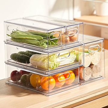 MineSign 4 pack Stackable Refrigerator Organizer Bins Pull-Out Drawers for Fruit and Veggies Storage Organizer for Fridge Clear Drawer Containers with Handle Divided Organization for Produce Saver