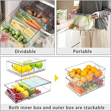 MineSign 4 pack Stackable Refrigerator Organizer Bins Pull-Out Drawers for Fruit and Veggies Storage Organizer for Fridge Clear Drawer Containers with Handle Divided Organization for Produce Saver