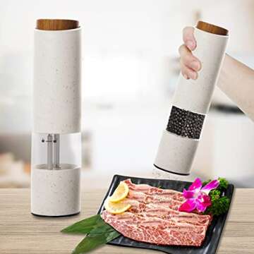 AmaCielo Electric Salt and Pepper Grinder, Pepper Grinder Set 2pcs, Wheat Straw Eco-friendly Material Automatic Pepper Salt Grinder, Adjustable Roughness, One Hand Operation