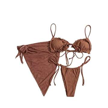 Lilosy Sexy 3 Piece Skirt Cover Ups Bikini Set Ruffle Ribbed G String Tie Triangle Thong Coverups Swimsuit Women High Cut Cheeky Brazilian Bottom Bathing Suit Coffee Medium