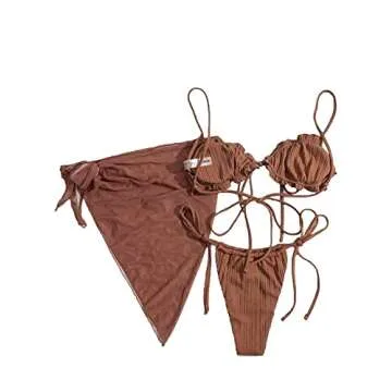 Lilosy Sexy 3 Piece Skirt Cover Ups Bikini Set Ruffle Ribbed G String Tie Triangle Thong Coverups Swimsuit Women High Cut Cheeky Brazilian Bottom Bathing Suit Coffee Medium