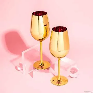 Dragon Glassware x Barbie Gold Wine Glasses - 17.5 oz Gold with Pink Stemmed Crystal Wine Glass Set ...