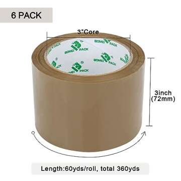 BOMEI PACK 3 inch Brown Packing Tape, 6 Refills Rolls Wide Packaging Tape for Moving, Shipping and S...